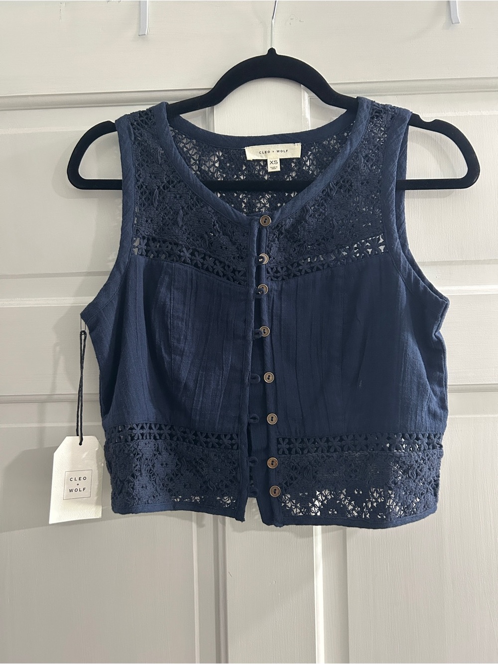 Cleo + Wolf Navy Crochet Button-Front Crop Top